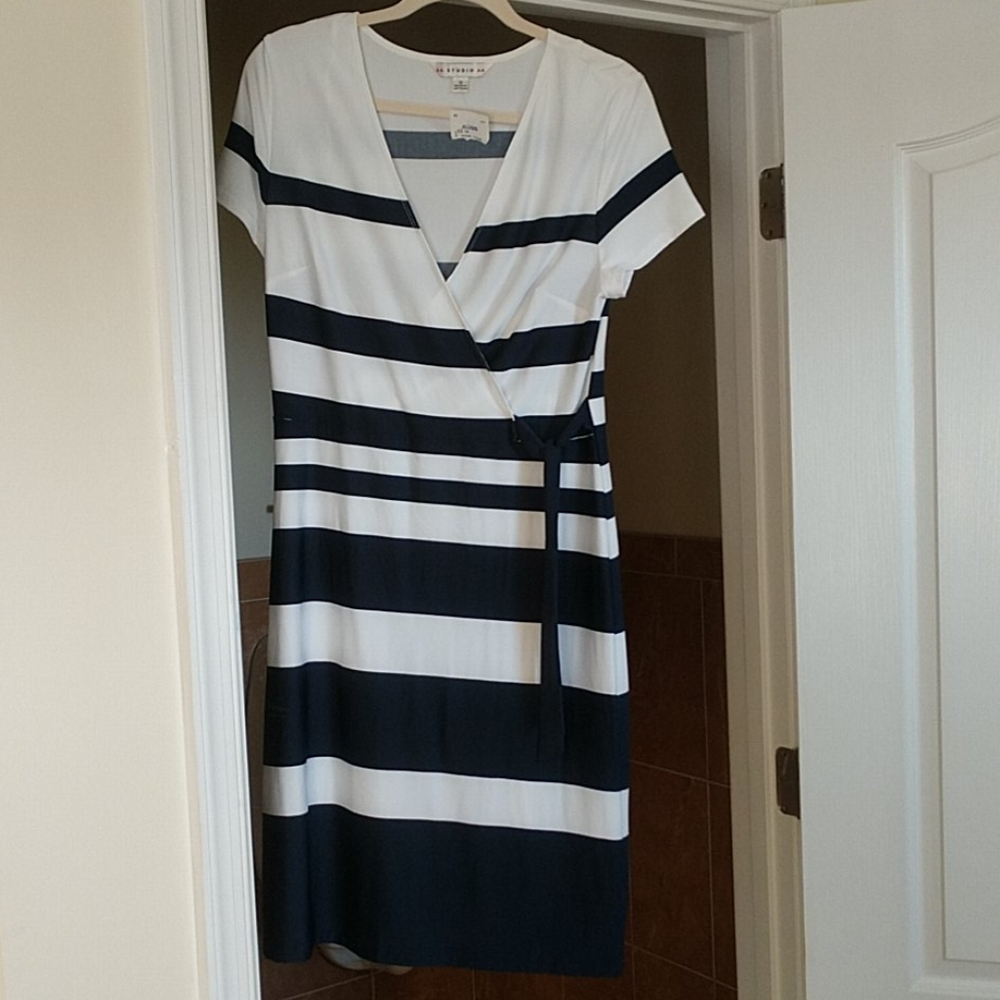 Navy/white stripe faux wrap dress